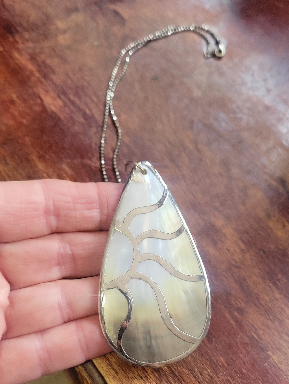 Silver-Trim Mother of Pearl Teardrop Pendant Necklace - White